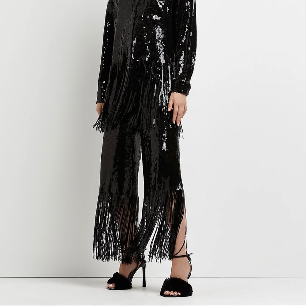 River Island Black Sequin Tassel Trousers size 10